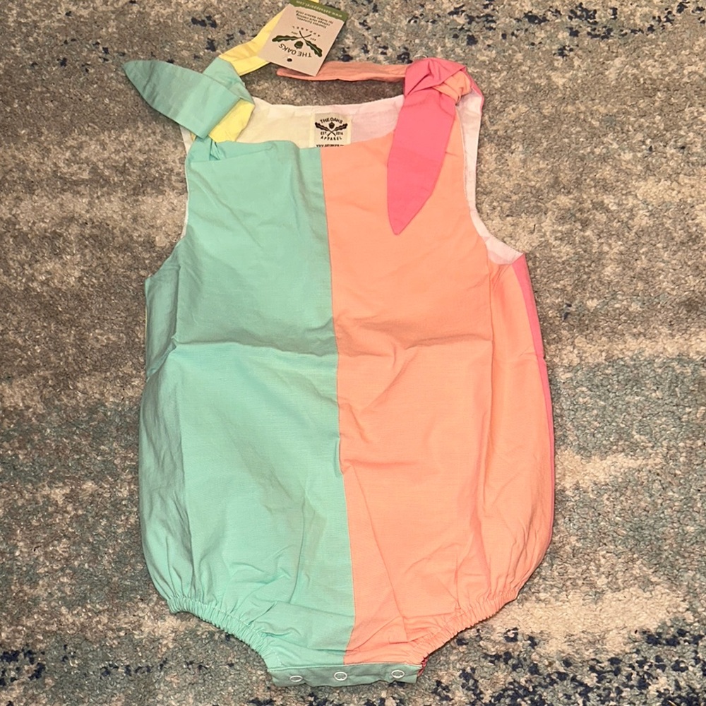 Colorblock Tie-Shoulder Baby One-Piece in Mint Green and Coral Pink